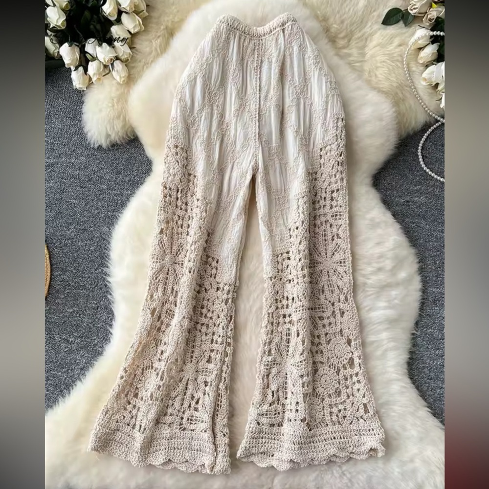 Crochet Lace floral Pants boho chic cream beige wide leg flowy embroidered - Picture 4 of 5